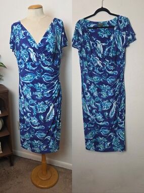 RALPH LAUREN Plus Size 16W Blue Floral Paisley Wrap Dress Stretchy Wedding